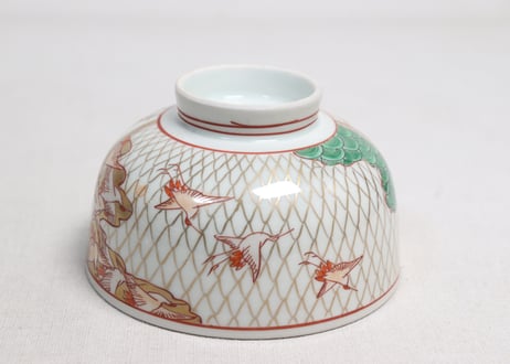 明治前期色絵網手に鶴と梅に鶯図通り物蒸茶碗①