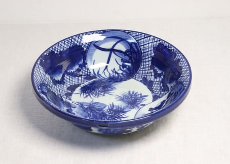 明治前期ベロ藍丸窓に草花図8寸鉢 ノミホツ