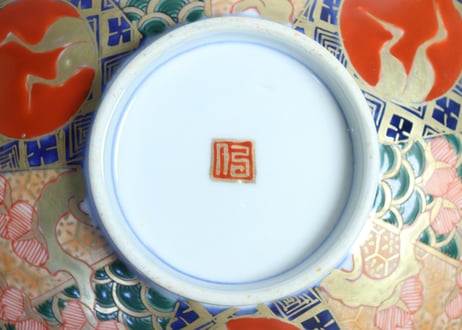 明治前期色絵桃と松鶴図通り物蒸茶碗