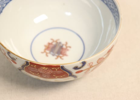 明治前期色絵若松と牡丹図飯茶碗