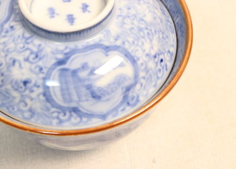 明治前期染付三方に山水窓絵と萩唐草図イゲ縁通り物飯茶碗