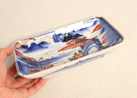 明治前期色絵山水図長角皿② 釉剥げ