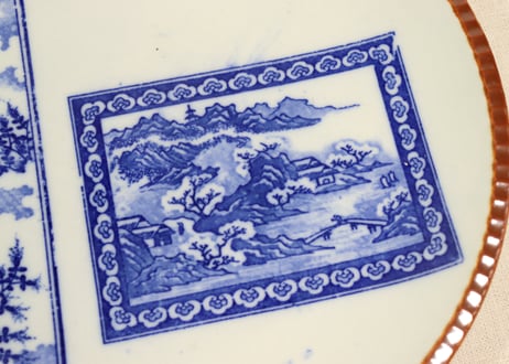 明治後期~大正銅判山水と萩図窓絵9寸イゲ皿①