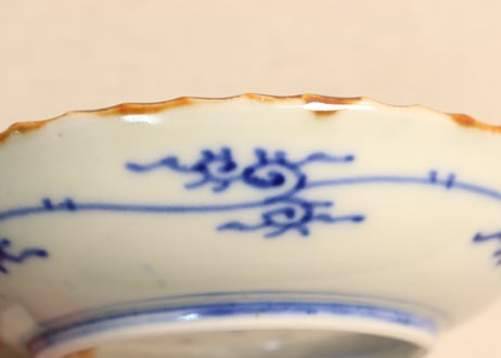 明治前期染付三方に山水窓絵と萩唐草図イゲ縁通り物なます皿