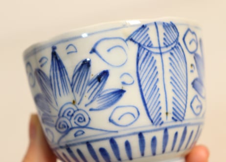 江戸幕末線描き三方に花図向付