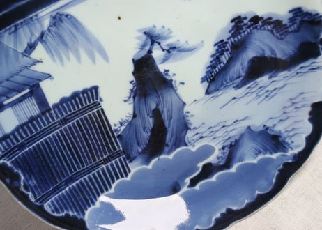 江戸幕末染付山水図尺皿 膨れ