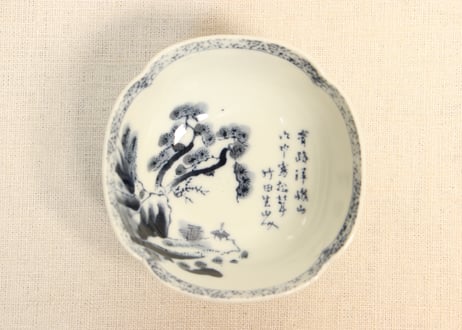 大正～昭和戦前ゴム判山水図四弁小鉢