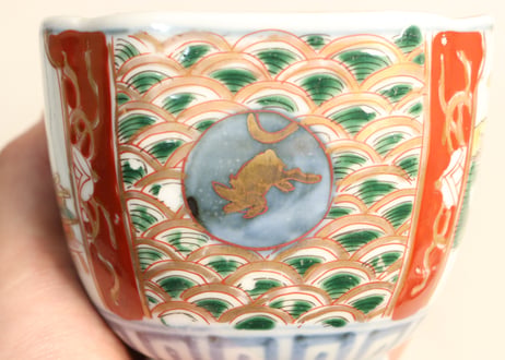 明治前期色絵山水と兎図角向付 釉剥げ