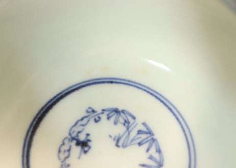 江戸幕末金縁染付松竹梅に鶴亀図通り物飯茶碗　フリモノ
