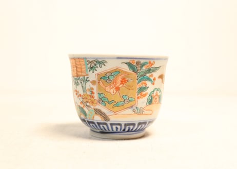 明治前期色絵菱文に松竹梅と鶴亀図向付