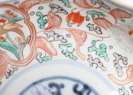 明治前期色絵鳥と牡丹図通り物なます皿②高台ホツ