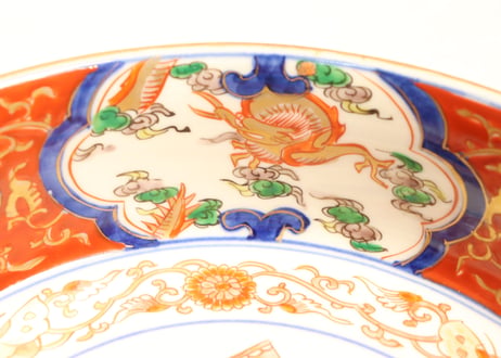 明治前期色絵帆掛け舟に龍と鳳凰図8寸鉢