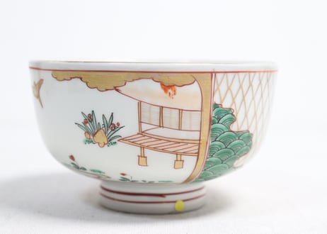 明治前期色絵網手に鶴と梅に鶯図通り物蒸茶碗②高台ホツ,高台内柄無し