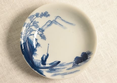 明治後期~大正銅判染付山水舟上人物図小皿