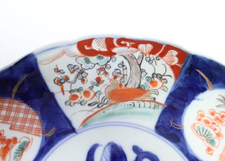 明治前期色絵桃と三方に花鳥図７寸皿