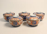 明治前期色絵梅と人物と青玉図蒸茶碗 5客組