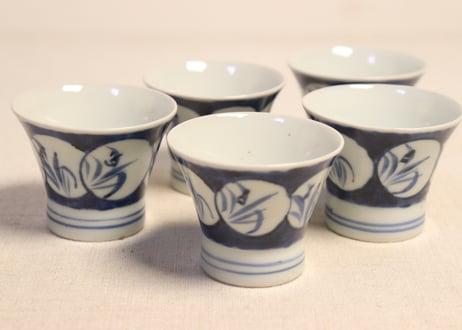 江戸後期染付草花図窓絵広東型小向付 5客組