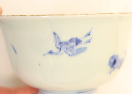 江戸幕末金縁染付松竹梅に鶴亀図通り物飯茶碗　フリモノ