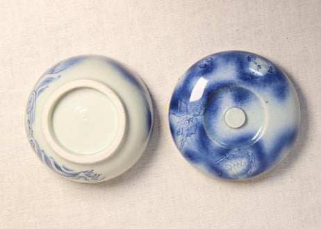 江戸幕末染付龍と波千鳥図食籠 小ホツ