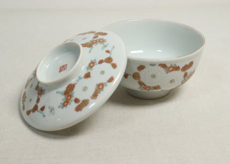 明治前期色絵三方菊図通り物蒸茶碗