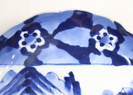 明治前期染付山水と花図８寸皿