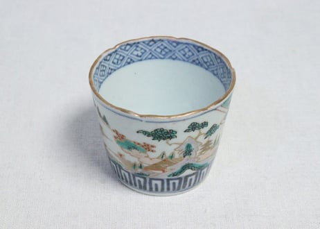 江戸後期色絵山水に丸文図猪口　5客組