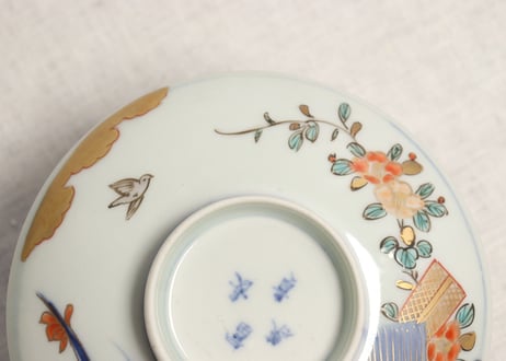 明治前期色絵春蘭と椿図通り物蒸茶碗
