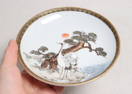 明治前期九谷焼色絵松鶴図通り物5寸皿②ムシクイ