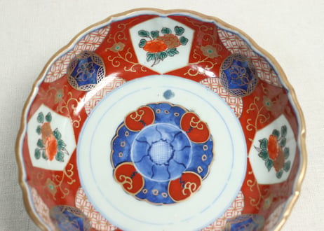 江戸幕末色絵牡丹と青玉図通り物大なます皿　染料飛び,窯傷