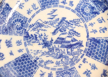 明治前期紙刷山水と漢詩図小皿