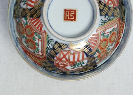明治前期色絵扇面に菊図通り物飯茶碗