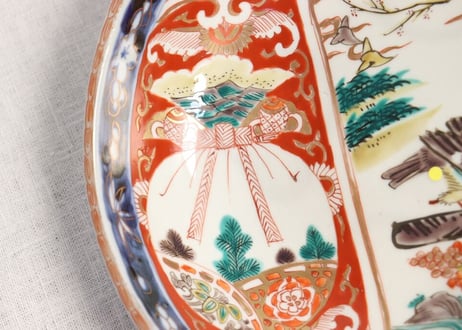 明治前期色絵鳥と巾着袋図三ツ組鉢 中サイズ釉剥げ