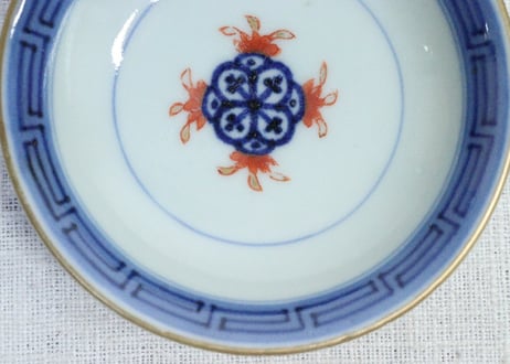 江戸後期色絵吉文字と七宝文図通り物飯茶碗　５客組
