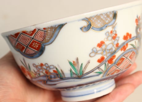 明治前期色絵杜若と梅図飯茶碗