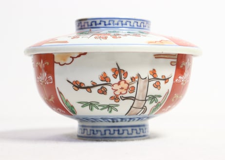 明治前期色絵三方に竹梅図通り物蒸茶碗
