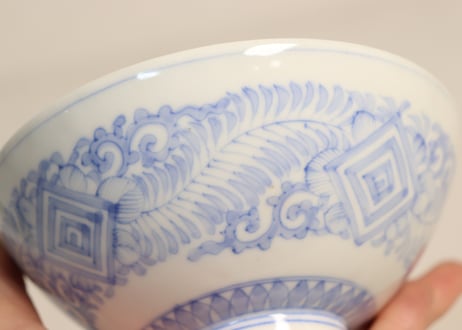 明治後期~大正染付角と唐草図飯茶碗 少フリモノ