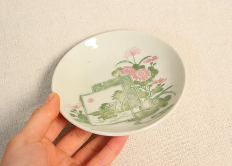 明治後期~大正銅判菊と山水図小皿②薄め