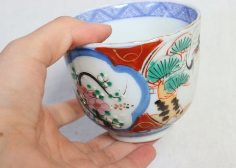 明治後期～大正銅判色絵梅と松鶴図向付