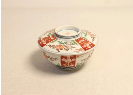 明治前期色絵竹梅と牡丹図蒸茶碗