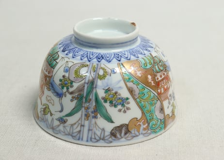 明治前期色絵鶴と松竹梅図通り物飯茶碗