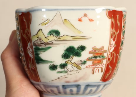明治前期色絵山水と兎図角向付 釉剥げ