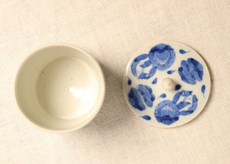 江戸幕末染付蝶と草花図火入れ,灰吹きセット