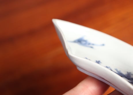 江戸中期染付松鶴図扇面型小皿 5客組 ノミホツ,ムシクイ