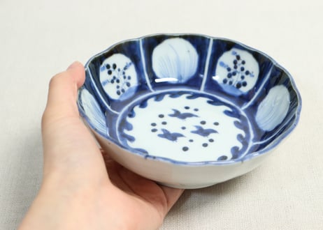 江戸後期染付波千鳥と丸窓絵図なます皿②高台あたり傷