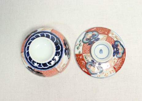 明治前期色絵市松に松竹梅図蒸茶碗①
