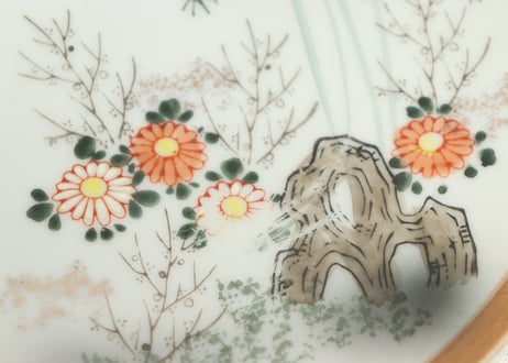 昭和戦前色絵プリント菊と竹林図6寸皿