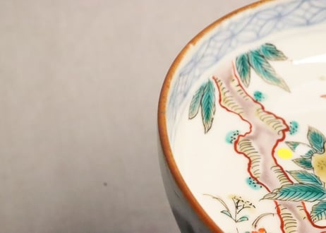 明治前期色絵柘榴と鳥図5寸深皿 釉剥げ