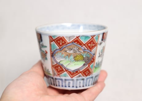 明治前期色絵花籠と水鳥図猪口