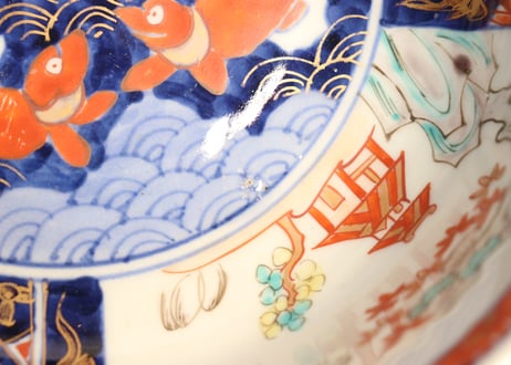 明治前期色絵魚と山水図6寸鉢