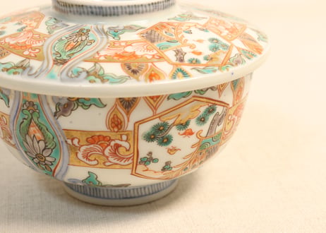 明治前期色絵松と牡丹図蒸茶碗②　蓋少甘手